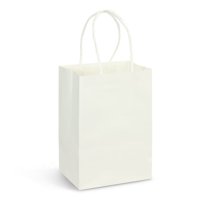 A small, white paper carry bag with twisted handles, suitable for promotional use.