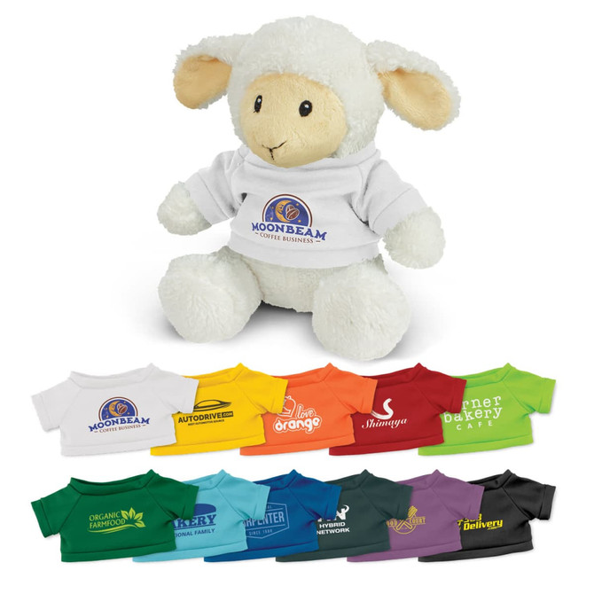 A fluffy white lamb plush toy wearing a white shirt, accompanied by colourful miniature shirts in various hues.
