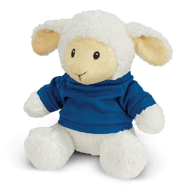 A soft, cream-coloured lamb plush toy wearing a blue sweater, sitting upright against a white background.