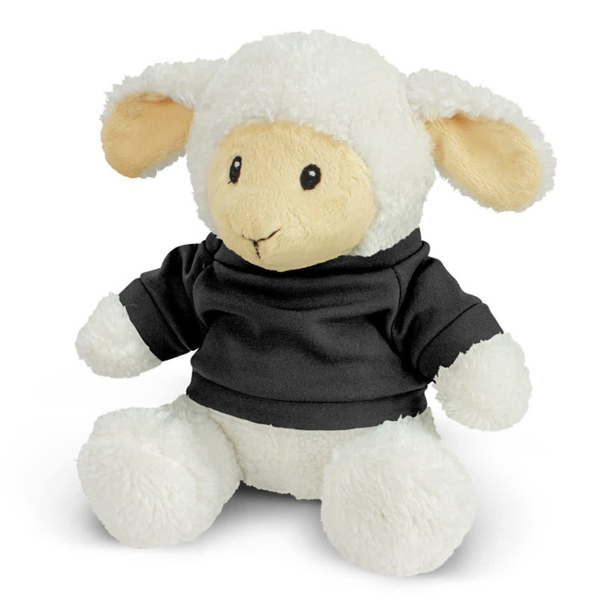 A soft, plush lamb toy in a black shirt, featuring fluffy white ears and a gentle expression.