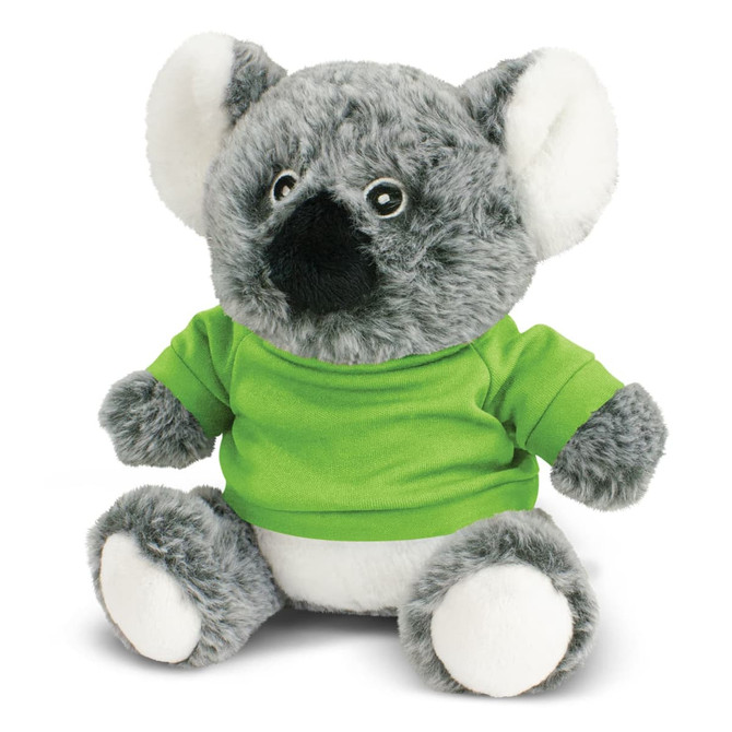 A grey koala plush toy wearing a bright green shirt, featuring black paws and large, expressive eyes.