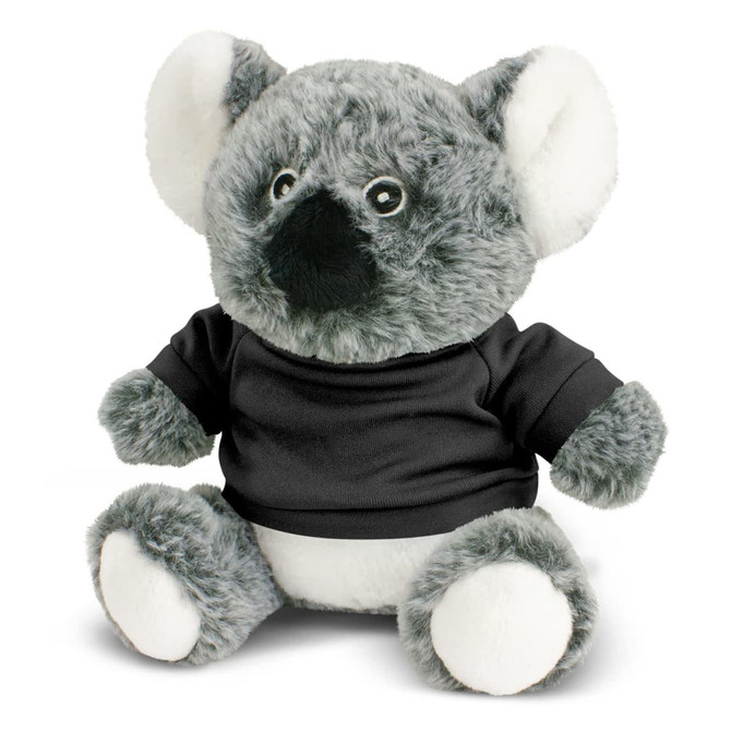 A grey koala plush toy with a black shirt, featuring soft fur and large ears. It has a logo on its shirt.