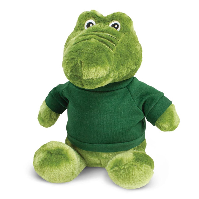 A green crocodile plush toy wearing a green sweatshirt, featuring a friendly expression and soft texture.