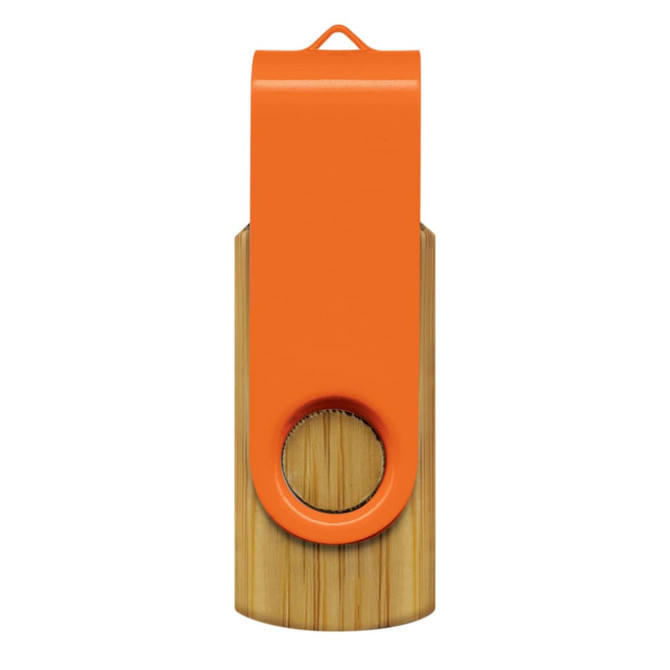 A bamboo flash drive featuring an orange cap and a circular hole for attachment. It has a branding logo.