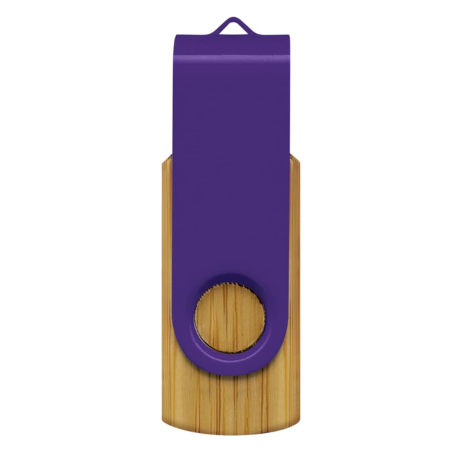 A purple and bamboo flash drive featuring a swivel design and a circular hole for easy attachment.