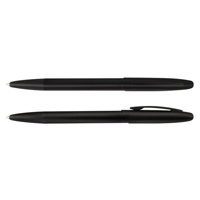 A set of black metal pens featuring a sleek design and a clip. One pen is capped while the other is open.