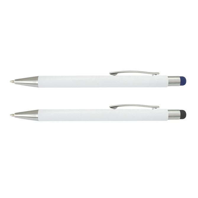 A Lancer Stylus Pen featuring a white barrel with silver accents and two interchangeable stylus tips in blue and black.