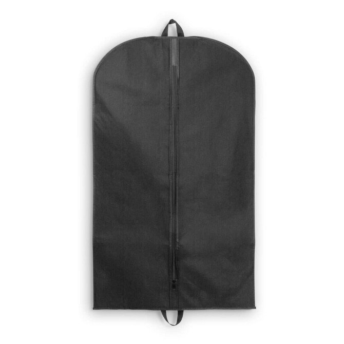 A garment bag in black, featuring a zip closure and a carrying handle, designed for storage and transport.