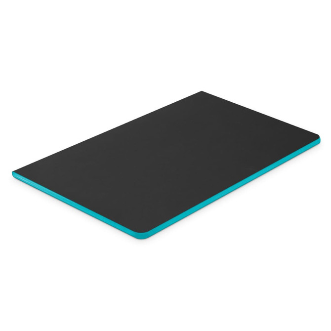 A black notebook with a turquoise edge, featuring a smooth surface and rectangular shape, designed for office use.