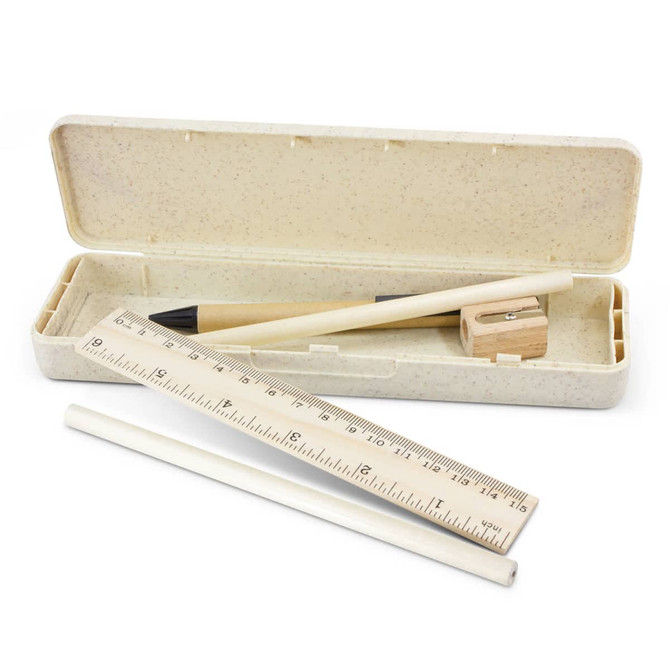 A pencil case in a natural beige colour containing a wooden pencil, a sharpener, a ruler, and a white tube.