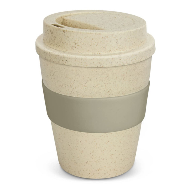 A drink bottle in natural beige with a grey silicone band and a lid, featuring a logo.