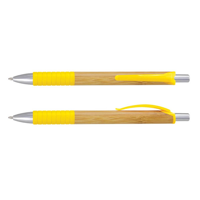 A bamboo pen with a yellow grip and clip, featuring a silver metal tip and accents. It has a branding logo.
