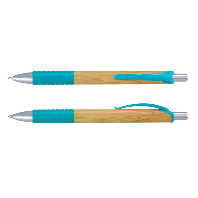 A bamboo pen featuring a silver tip and turquoise accents. It includes a textured grip and a clip.