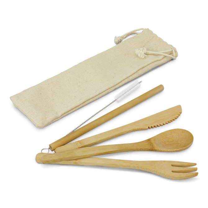 A bamboo cutlery set featuring a fork, knife, spoon, and a straw, stored in a natural fabric pouch.