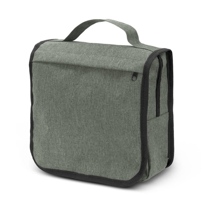 A green toiletry bag with a top handle, featuring a zippered pocket and a textured fabric design.