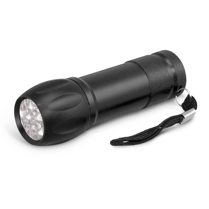 A black torch with a textured body and a lanyard, featuring multiple LED lights at the front.