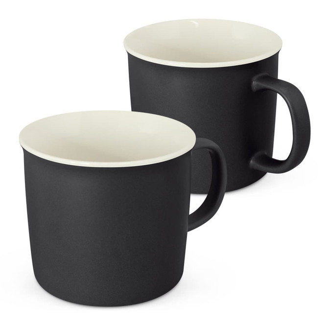 A drinkware set featuring two black coffee mugs with a contrasting white interior and a handle. Each mug has a smooth finish.