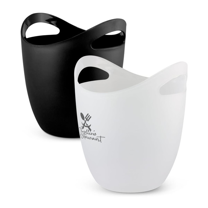 A black and a white ice bucket with handles, featuring a logo on the white bucket.