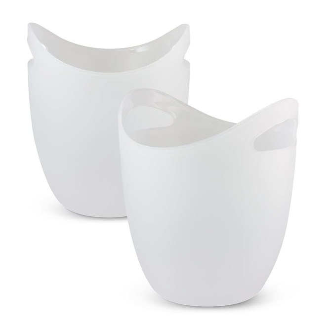 Two white ice buckets with a modern design and curved handles, featuring a simple, sleek style.