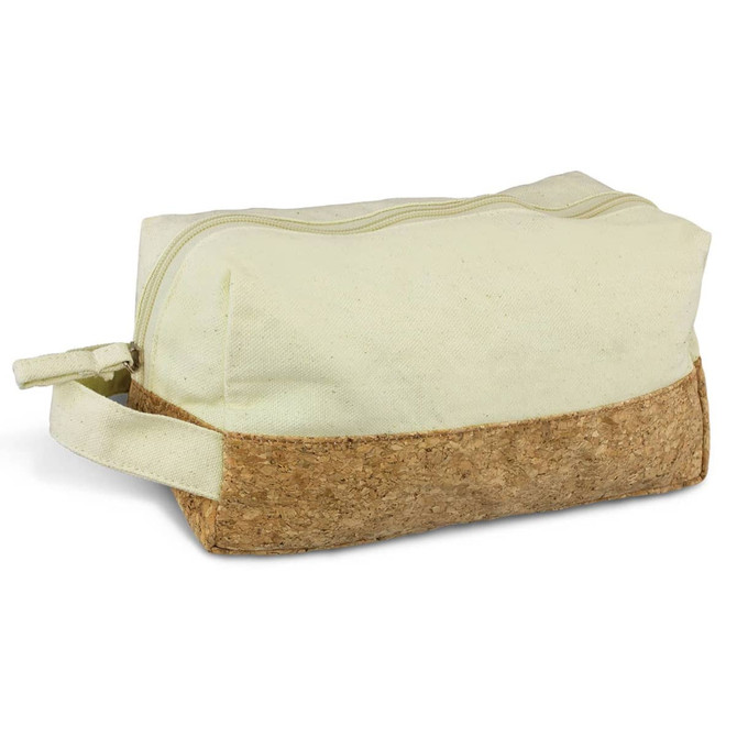 A toiletry bag in cream fabric with a cork base, featuring a zip closure and a side handle.