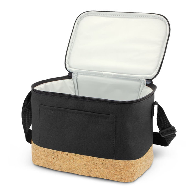 A black cooler bag with a cork base and a zippered opening, featuring a silver insulated interior.