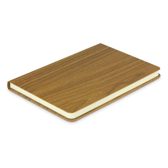 A notebook with a wooden-textured cover and cream-coloured pages, featuring a logo on the front.
