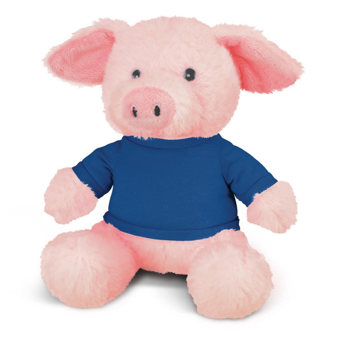 A pink plush pig toy wearing a blue shirt, with large eyes and soft, fluffy body. It has an attached logo.