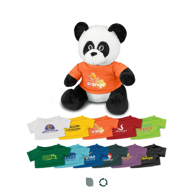 A plush panda toy with a black and white design, wearing an orange shirt. Various coloured shirts are displayed below.