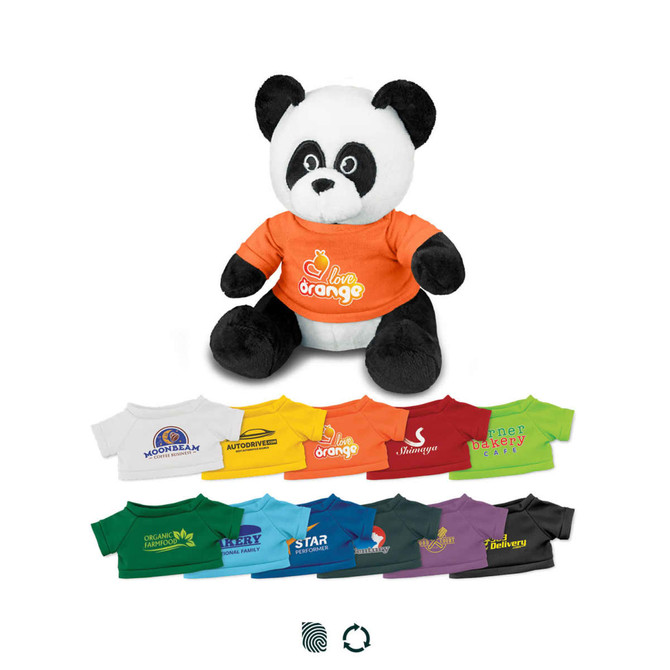 A plush panda toy wearing an orange T-shirt with a logo, surrounded by various miniature T-shirts in different colours.