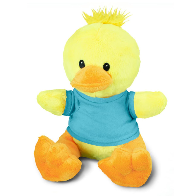 A yellow duck plush toy with a blue shirt and orange feet, featuring a tuft of soft feathers on its head.