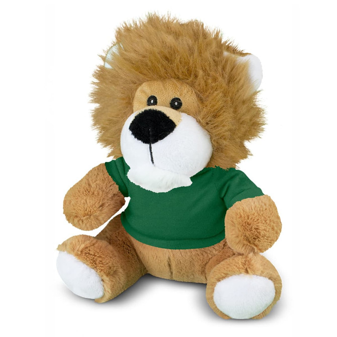 A plush lion toy with a fluffy mane, wearing a green shirt, features soft brown and white fur. It has a friendly expression.