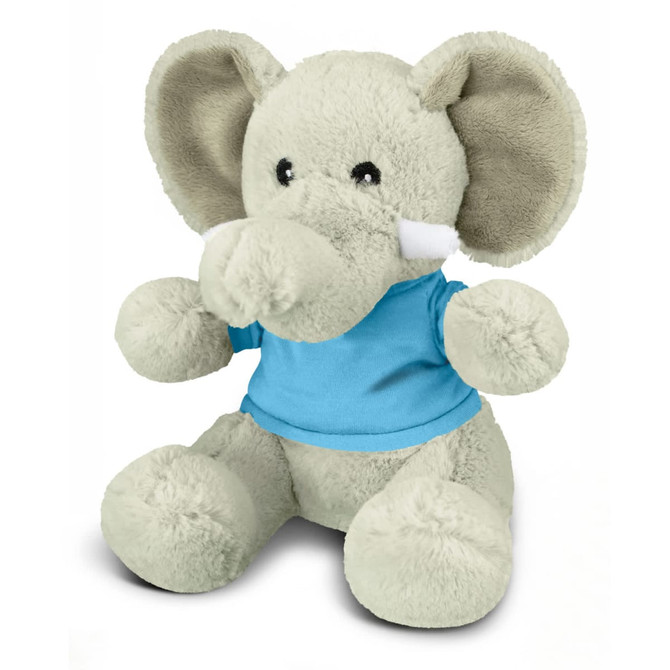 A plush elephant toy in grey with a blue shirt, featuring soft textures and a friendly expression.