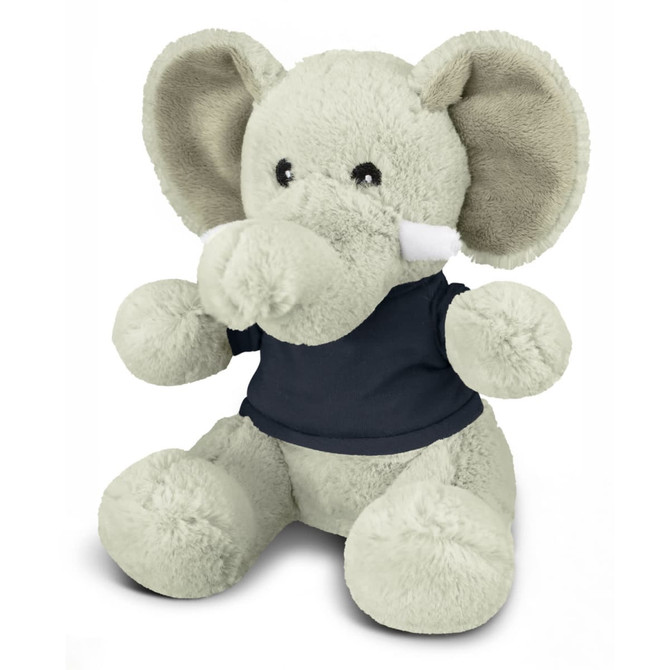 A grey elephant plush toy wearing a dark blue shirt, featuring large ears and a friendly expression.
