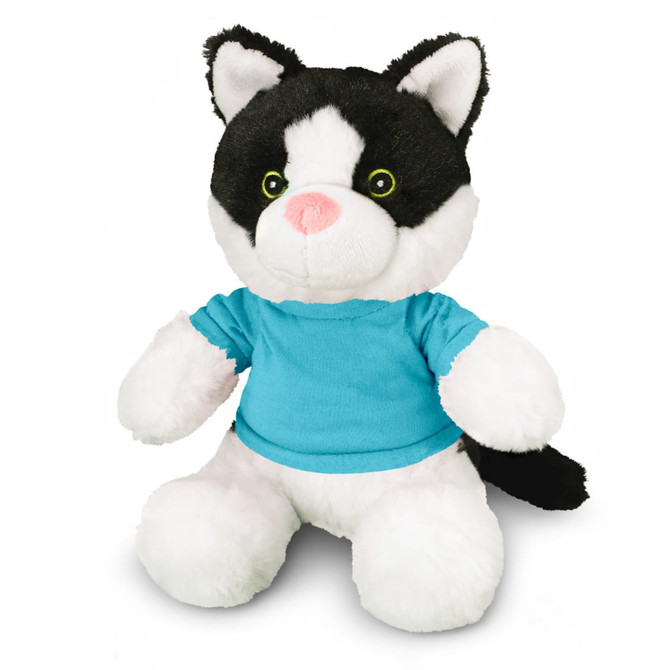 A black and white cat plush toy wearing a blue shirt, with green eyes and a pink nose.