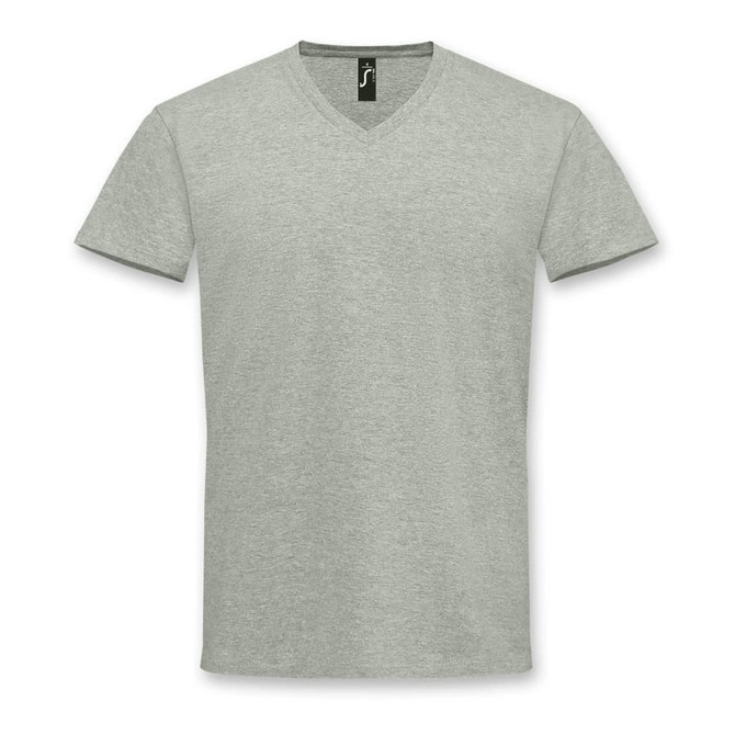 A light grey men's V-neck T-shirt featuring a logo on the label, displayed flat.
