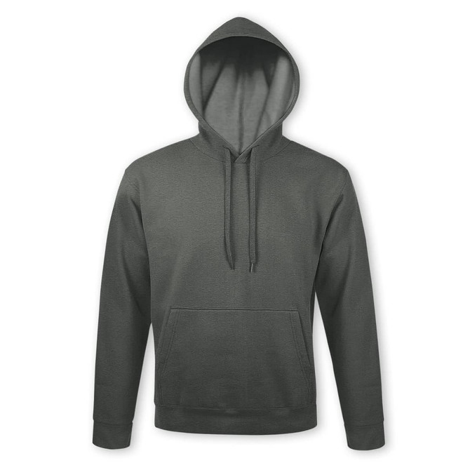 A green hooded sweatshirt featuring a front pocket and drawstrings, designed as a comfortable jumper.