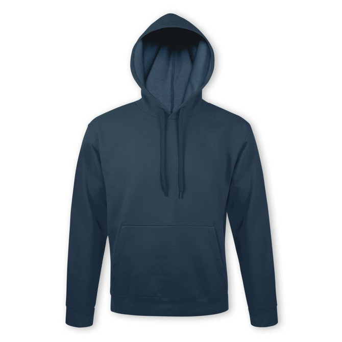 A navy blue hooded sweatshirt with a kangaroo pocket and a logo on the front.