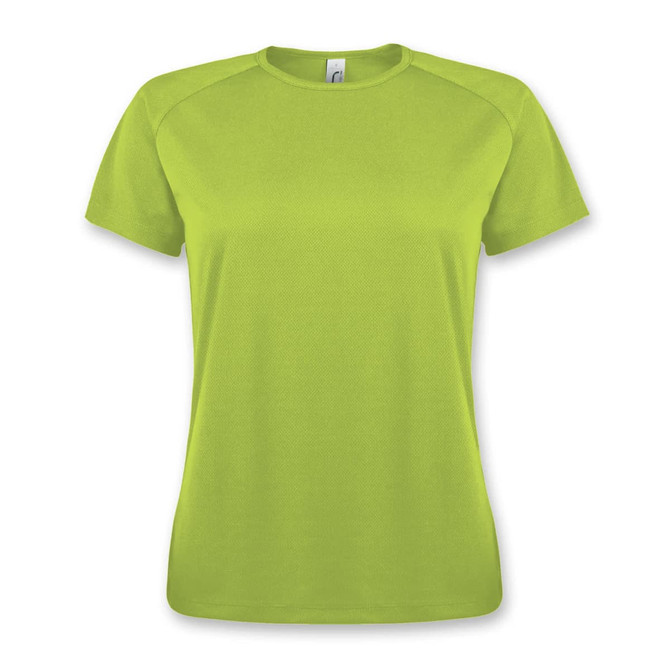 A bright green women's T-shirt with short sleeves and a round neckline. It features a logo on the front.