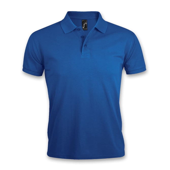 A blue men's polo shirt with a collar and a logo on the label.