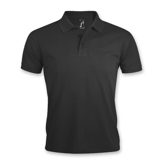 A black SOLS Prime Men's Polo Shirt with a classic collar and short sleeves. It features a logo on the chest.