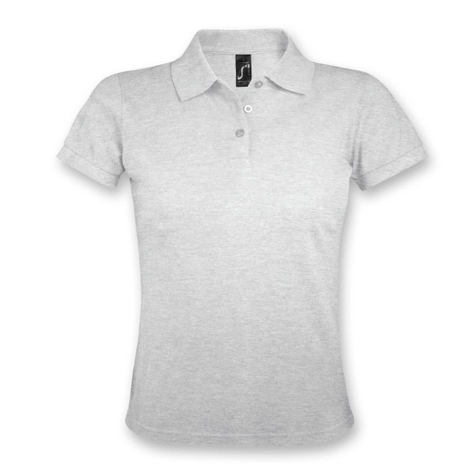 A light grey women's polo shirt with short sleeves and a collar, featuring a logo on the chest area.