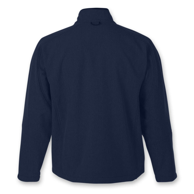 A navy softshell jacket featuring a high collar and a logo on the back.