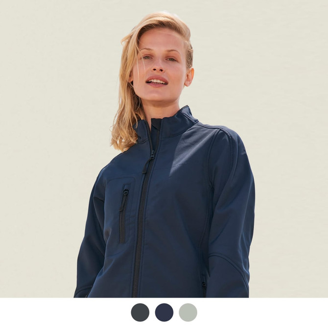 A navy women's softshell jacket with a zippered pocket and a logo, featuring a fitted design and high collar.