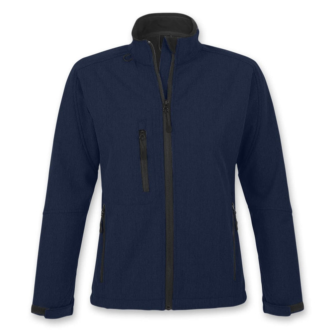 A navy softshell jacket with a high collar and multiple zip pockets, featuring a logo on the sleeve.