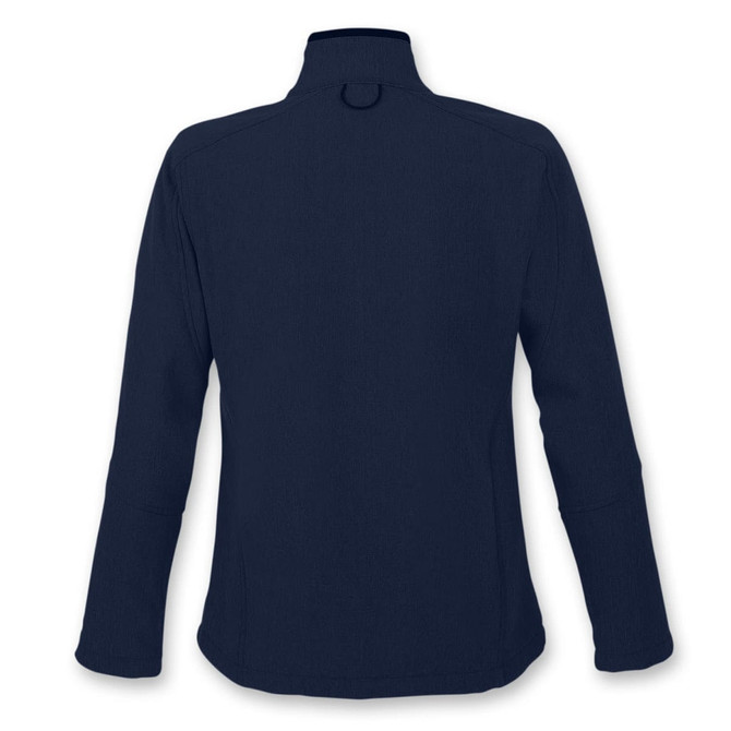 A navy women's softshell jacket with a high collar and fitted silhouette. It has a logo on the back.