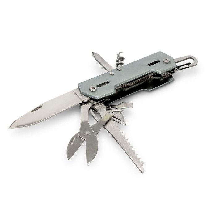 A grey multi-tool featuring various tools, including a knife, scissors, and a saw, attached to a keyring.