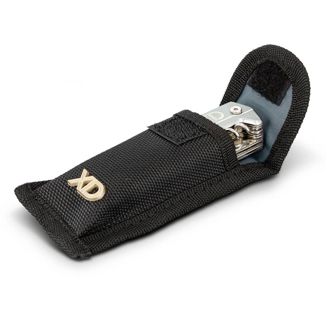 A black and grey multi-tool enclosed in a protective pouch, featuring a logo on the front.