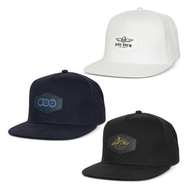 Three flat peak caps in white, navy, and black, each featuring a logo or patch on the front.