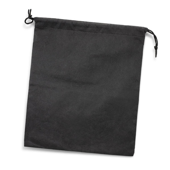 A large drawstring gift bag in black, featuring a simple design and adjustable closure.