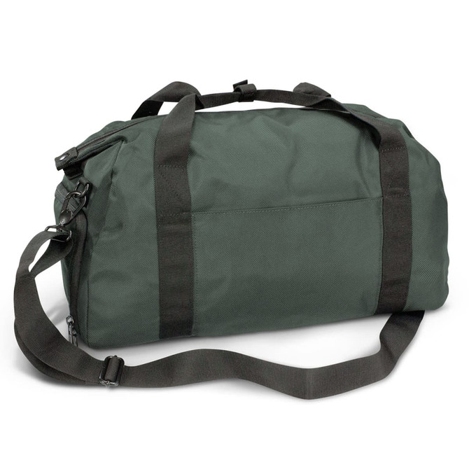 A dark green duffle bag with dual handles and an adjustable shoulder strap, featuring a logo.